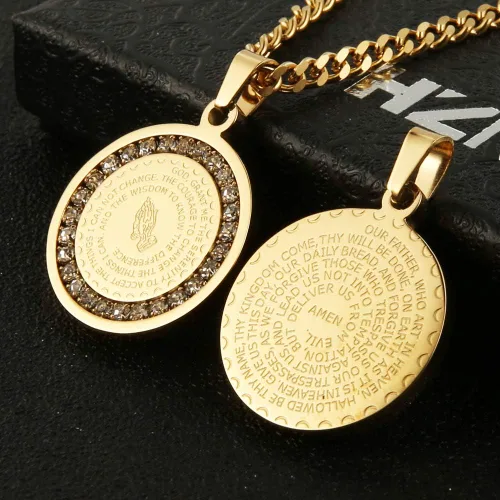 Vista 2 de HZMAN collar de joyería cristiana con versículo de la Biblia, para rezar, de acero inoxidable, con dije de moneda con manos unidas