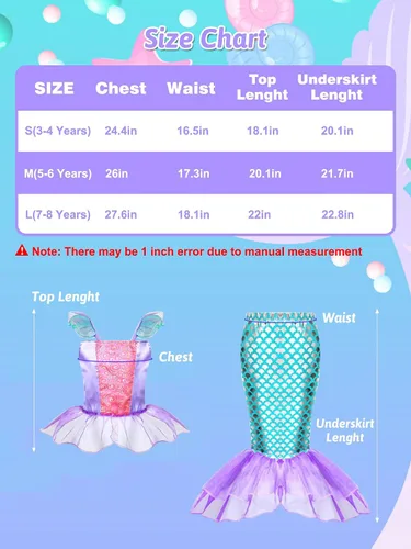 Vista 6 de Evimis Mermaid Dress Up Clothes for Girls- Cosplay Accessories, Princess Mermaid Costume for Girls Age 3 4 5 6 7 8