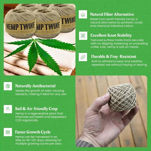 Vista 2 de Cordel de cáñamo para jardinería - Cordel para manualidades - Cuerda de cáñamo orgánico natural para hacer joyería - Cordón fuerte y duradero