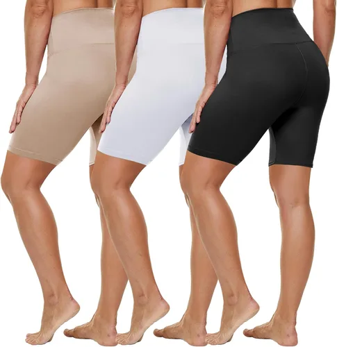 Vista 21 de HLTPRO 3 Pack Plus Size Biker Shorts for Women, Pocket & No-Pocket Options Negro/Beige Rosa/ Gris