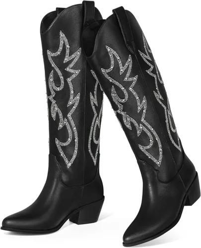 Vista 2 de Ouepiano Botas vaqueras para mujer, botas de vaquera con diamantes de imitación brillantes, punta de almendra, tacón bajo, meter, Westerm, a