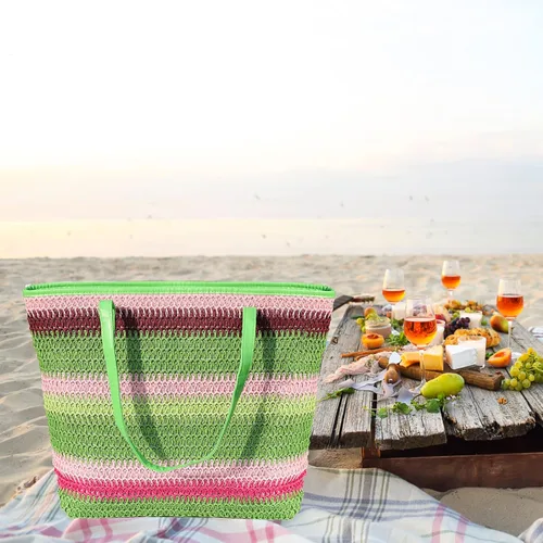 Vista 60 de Bolso grande de paja para mujer, tejido de ratán, bolso de playa de verano, a rayas