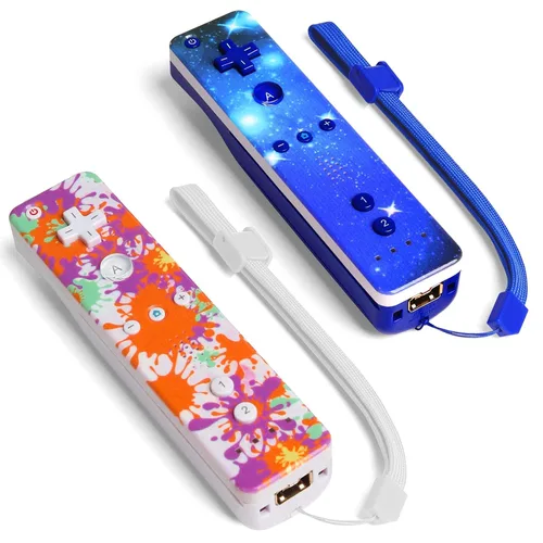 Vista 2 de Yosikr Wii Controller 2 Pack, Wii Remote Controller with Silicone Case and Wrist Strap Compatible for WiiWii U Console - Starrysky and Graffiti