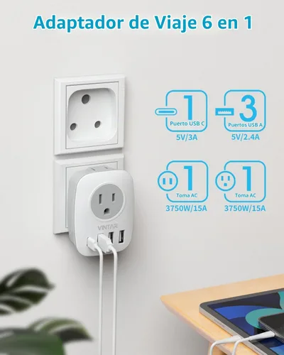 Vista 3 de Paquete de 2 adaptadores de enchufe de Sudáfrica, adaptador de enchufe VINTAR tipo M con 1 USB C, 3 puertos USB y 2 enchufes estadounidenses