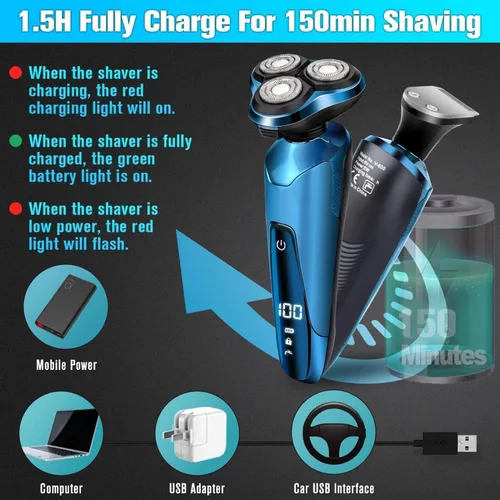 Vista 4 de Mens Electric Shaver, 4D Floating Head High-Speed Motor IPX7 Waterproof, Fast Charging Cordless Electric Razor with Pop-Up Trimmer & Replaceable