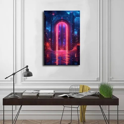 Vista 3 de Glowing Neon City Nightscape – Retro Cyberpunk Wall Decor for Living Room Poster Print for Teen Boys Room Wall Art Canvas Painting Print