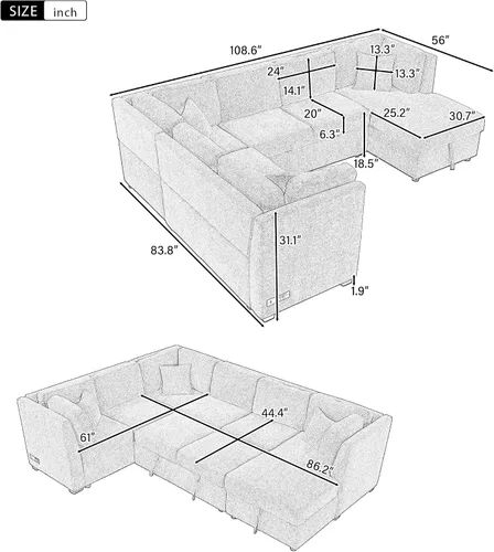 Vista 2 de LUMISOL Sofá seccional grande en forma de U para sala de estar, sofá cama extraíble con 2 puertos USB y 2 enchufes de corriente, sofá cama moderno