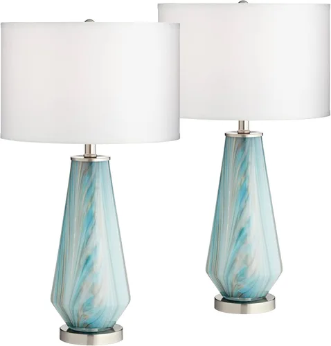 Vista 2 de Possini Euro Design Jaime - Juego de 2 lámparas de mesa modernas de 26 pulgadas de alto, diseño de remolinos azules y grises ahumados, tela blanca