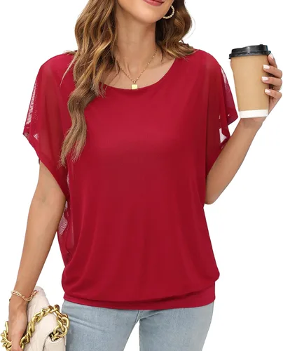 Vista 7 de VIISHOW - Blusa de gasa y de manga corta para mujer, estilo holgado y casual Negro
