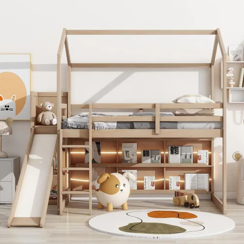 Vista 10 de Harper & Bright Designs Cama alta de tamaño matrimonial con tobogán, cama alta de madera, marco de cama tipo loft con techo y barandilla, cama alta