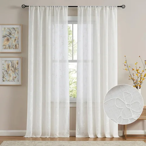 Vista 2 de Vision Home Cortinas con textura de lino transparente floral de 84 pulgadas, paneles de ventana bordadas con estampado de hojas para sala de estar