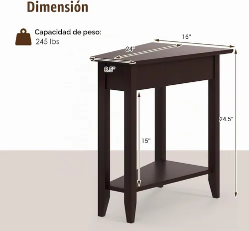 Vista 3 de GIANTEX Mesa auxiliar de cuña, mesa auxiliar triangular con estante de almacenamiento y patas de madera maciza, mesa reclinable, mesita de noche