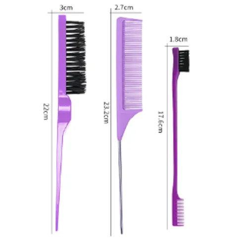 Vista 2 de Peine morado de 3 piezas, juego de cepillos de espalda lisa, cepillo ventilado, peine de dientes anchos, cepillo de burlas para alisar el cabello
