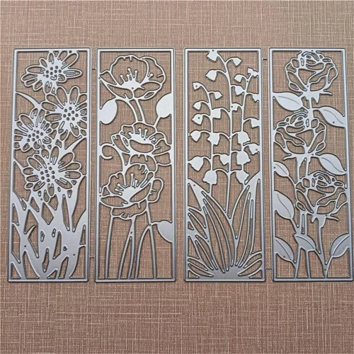 Vista 4 de 4 piezas de plantillas de fondo con forma de flor, plantillas de recorte de metal 3D, plantillas de flores rectangulares, hojas en relieve