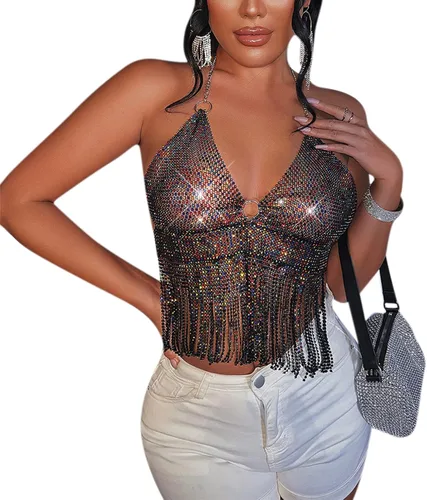 Vista 5 de Camiseta corta sin espalda con diamantes de imitación brillantes para mujer, sexy, halter, transparente, para salir por la noche, fiesta, club
