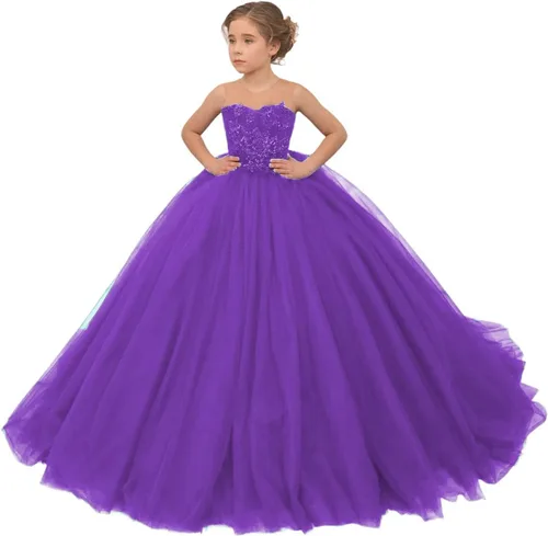 Vista 15 de Precioso vestido de niña de flores de tul para niños de boda con cuentas princesa sin mangas vestidos de baile