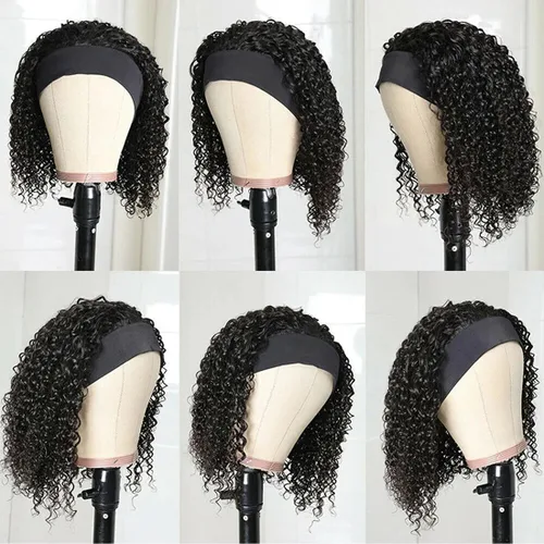 Vista 3 de Youngirl Peluca de cabello humano ondulado profundo con diadema de 12 pulgadas para mujeres negras, sin pegamento, sin encaje frontal, peluca
