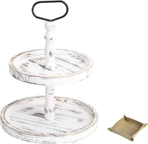 Vista 7 de Bandejas decorativas de madera de granja de dos niveles + bandeja de piel sintética, soporte de madera de 2 niveles para centro de mesa rústica