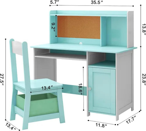 Vista 3 de TaoHFE Silla de Escritorio Azul para Niños, Escritorio para Niños con Almacenamiento y Estante, Conjunto de Escritorio y Silla de Madera para Niños