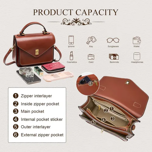 Vista 4 de Bolsos cruzados de cuero genuino para mujer, bolso ligero para viaje y trabajo con correa doble ajustable Leather CrossbodyBag