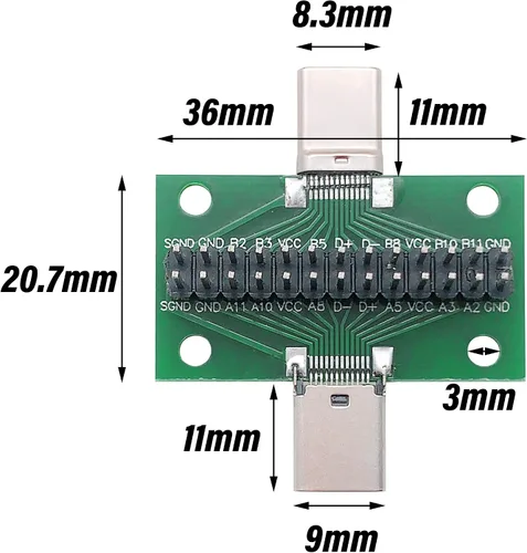Vista 4 de 2 unids USB 3.1 Tipo-C macho a hembra placa de prueba con placa PCB 24 pines 0.100 in enchufe de doble cara con conector de cabeza de pin