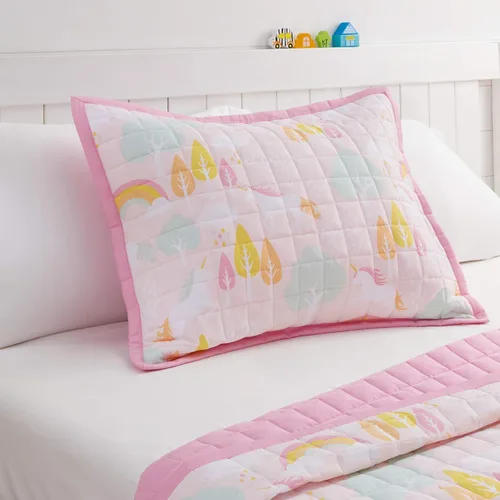 Vista 4 de Amazon Basics Colcha reversible de algodón para niños, funda estándar, unicornio y chicle, color rosa Unicornio y rosa chicle