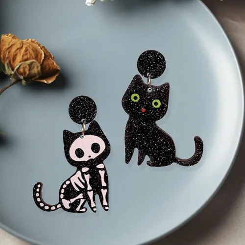 Vista 6 de GBAHFY Asimétrico, creativo, lindo, acrílico, negro, blanco, gato, cráneo, colgante, pendientes de acrílico, animales, encantadores, mujeres, niñas