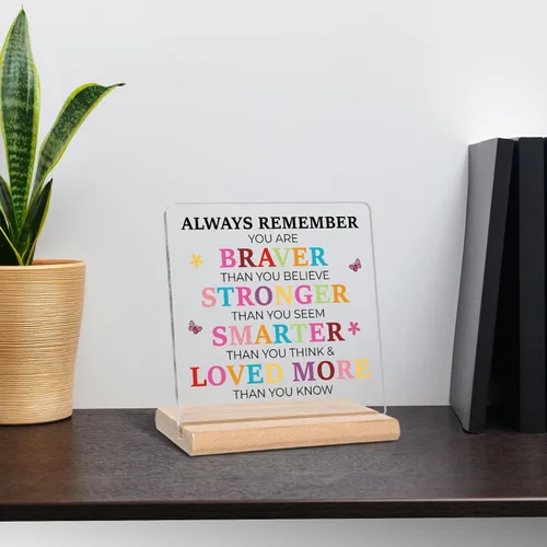 Vista 5 de Regalos inspiradores para hija, hijo, amigos y familia, placa acrílica con mensaje "Always Remember You Are Braver", placa motivadora con citas