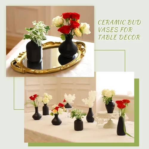 Vista 5 de Juego de 8 jarrones negros pequeños, mini jarrones de cerámica para flores Pampas Grass, Perfect for Living Room, Table Centerpieces, Black Vases
