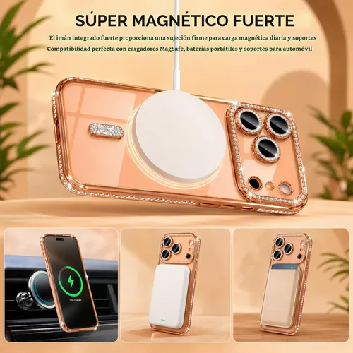 Vista 5 de Funda magnética con purpurina y diamante para iPhone 11 [Compatible con MagSafe] Protector de lente de cámara con brillo de strass, placa de cristal