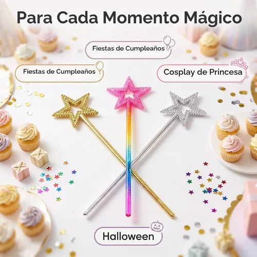 Vista 3 de Varitas de estrella de 3 piezas de varita de princesa de hadas para niñas, disfraz de fiesta de cumpleaños