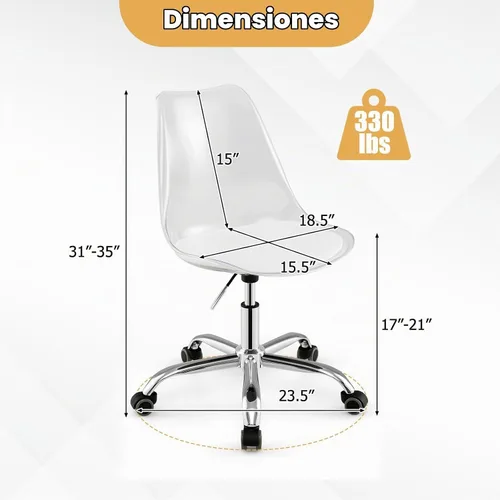 Vista 3 de GIANTEX Juego de 2 sillas de escritorio de acrílico transparente, modernas sillas de oficina en casa con cojín y ruedas de piel sintética, silla