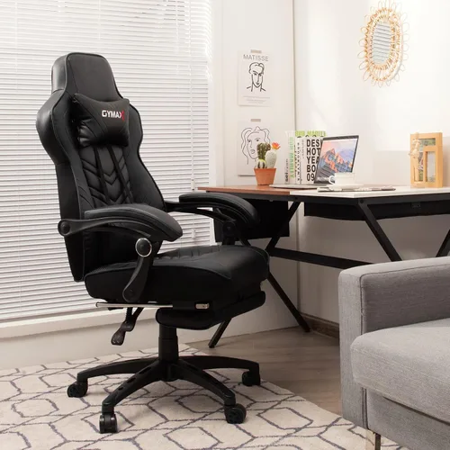 Vista 8 de POWERSTONE Silla de videojuegos con reposapiés y soporte lumbar, estilo carreras, piel sintética, ergonómica, ajustable, giratoria, color negro