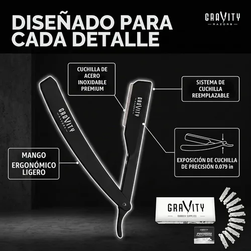 Vista 3 de Kit de afeitado manual GRAVITY RAZORS Profesional – Exposición Ultra, Incluye 10 Hojas Premium, 2mm Expuestas, Negro Mate