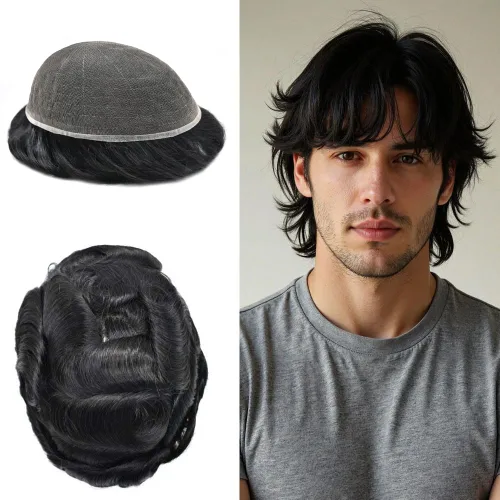 Vista 96 de PUNRU HAIR Completo Swiss Lace Toupee para hombres Sistema de cabello humano real Sistema de reemplazo de cabello humano para hombre Toupee