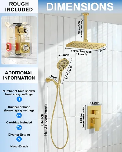 Vista 2 de 11" Brushed Gold Rainfall Shower System – Complete Spa Faucet Set with Filtered Handheld Sprayer & Mixer Valve – Modern High Pressure Bathroom