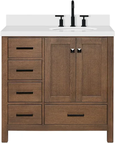 Vista 5 de ARIEL Cambridge tocador de baño con fregadero, madera maciza, encimera y protector contra salpicaduras de cuarzo blanco puro de 1.5 pulgadas