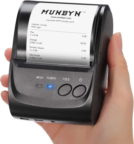 Vista 2 de MUNBYN Impresora térmica Bluetooth inalámbrica Android con funda de transporte, mini impresora portátil de recibos de facturas de 2 pulgadas