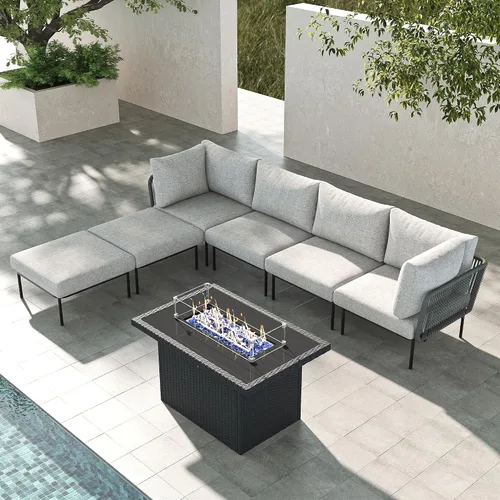 Vista 41 de LayinSun Juego de muebles de patio de aluminio de 7 piezas, sofá modular moderno con mesa auxiliar y cojín de grosor mejorado Gris claro