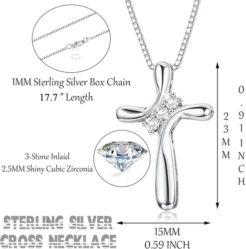 Vista 2 de FUNRUN JEWELRY Collar con colgante de cruz de plata de ley 925 para mujer colgante de circonita cúbica de 3 piedras con cadena de caja de 0039in 177