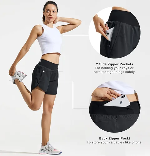 Vista 3 de MASKERT Womens 5 Inches Athletic Running Shorts with Zipper Pockets Quick Dry Lounge Gym Workout Shorts with Liner