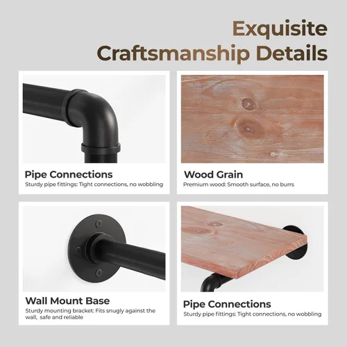 Vista 6 de Perchero para ropa de 72 pulgadas, para montar en la pared, con estante de madera real, perchero colgante resistente, barra para colgar multiusos