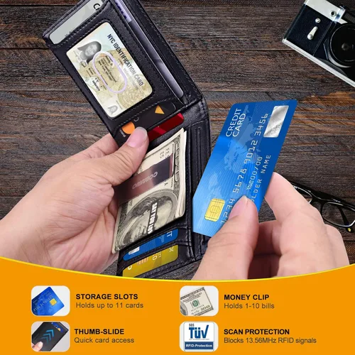 Vista 2 de COANJIUO Billetera para hombre delgada y plegable con bloqueo RFID, billetera minimalista con bolsillo frontal con 8 ranuras para tarjetas (negro)