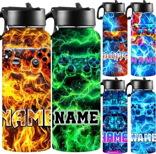 Vista 28 de Botellas de agua personalizadas para niñas, de acero inoxidable con aislamiento de doble pared con pajita, botella de agua de color degradado