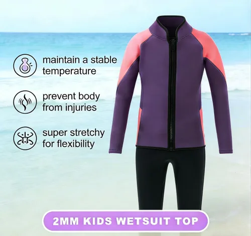 Vista 2 de Trajes de neopreno para niños, 0.118 in, de manga larga, con cremallera frontal, para niños y niñas, para mantener el calor en deportes acuáticos