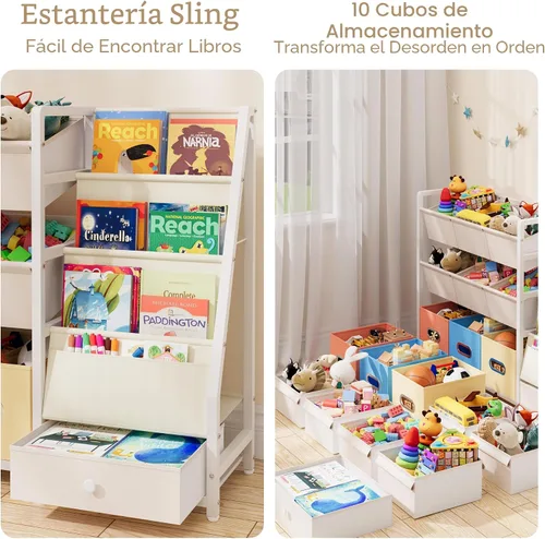Vista 4 de HAVLOTII Organizador de almacenamiento de juguetes, estantería para niños y almacenamiento de juguetes con 3 estantes para libros y 10 contenedores