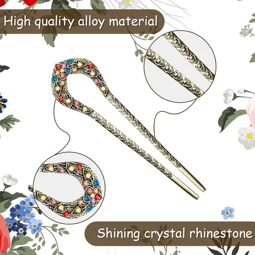 Vista 4 de Waydress 5 horquillas de pelo vintage para moños, pinzas de metal para moños, palillos de cristal con diamantes de imitación de doble punta, pasador