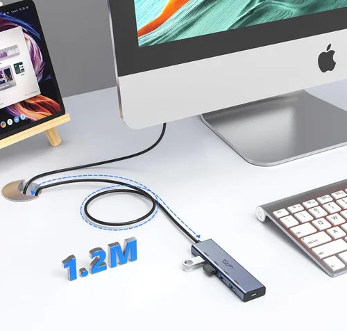 Vista 4 de Hub USB 3.0, divisor USB TSUPY con 5 puertos USB y cable extendido de 4 pies, concentrador de datos de aluminio ultrafino, adaptador multi USB 3.0