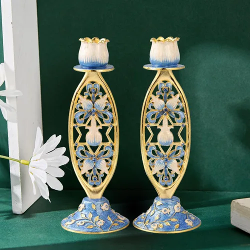 Vista 8 de Candelabro de flor azul y estrella de David Shabat pintado a mano (2 piezas)