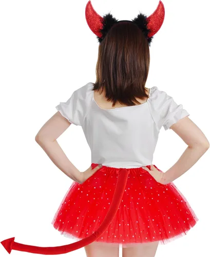 Vista 5 de Halloween Devil Costume Tutu Set Devil Horn Headband Tail Bowtie Tutu Skirt Demon Cosplay Dress Up Party Prop
